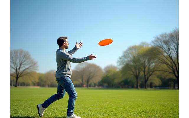 広々とした公園で、男性がフライングディスクを投げるフォームを練習している様子。
