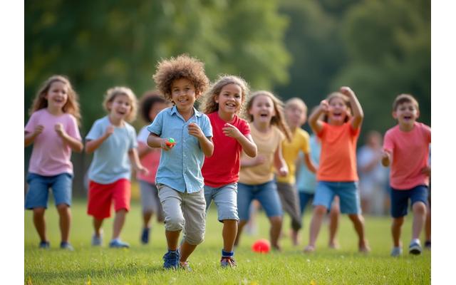 子供たちが公園で誕生日パーティーを開き、フリスビーを使って遊んでいる楽しそうな光景。